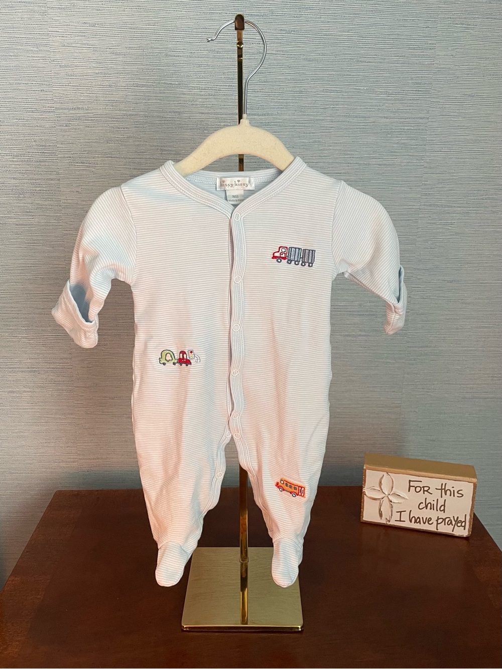 Kissy Kissy Light Blue Stripe Footed One-Piece with Vehicle Embroidery